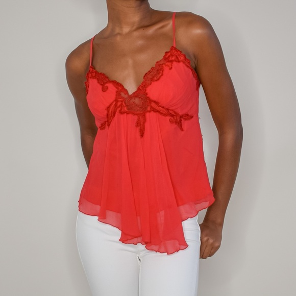 Renato Nucci Tops - 90s Vintage Renato Nucci Silk Lace Embroidered Cami Top in Tomato Red